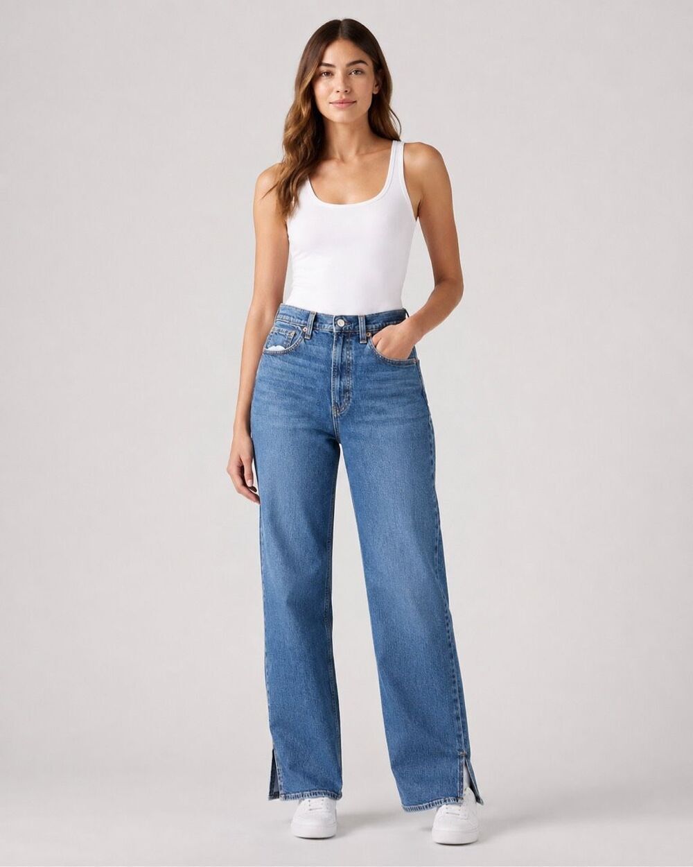 GAP ’90s Loose High Rise Jeans 10/30 Tall Medium Wash Straight Leg Side Slit Hem